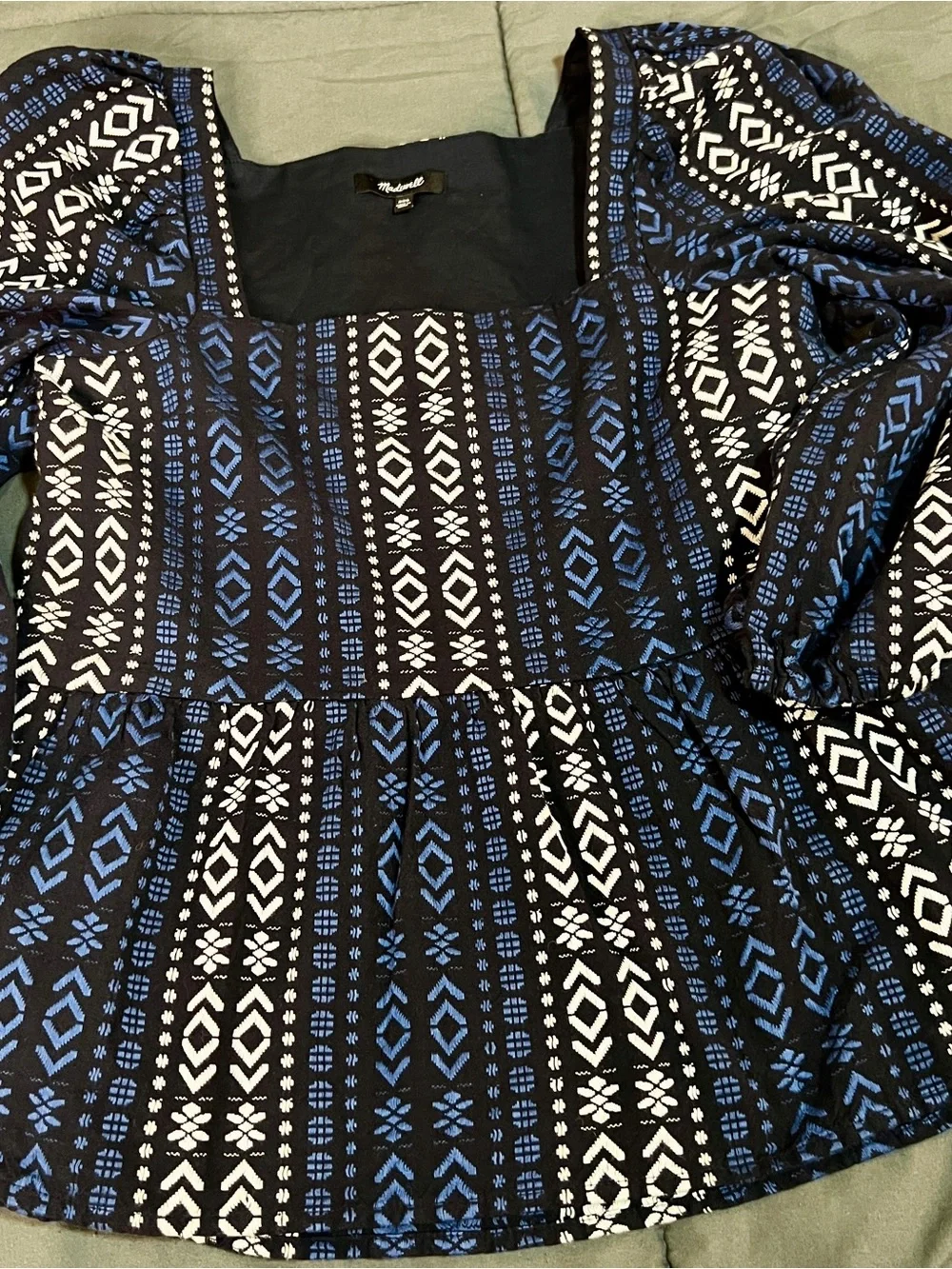 Madewell Lightspun Blue Millbrook Puff Sleeve Geo Print Cotton Peplum Top XXS